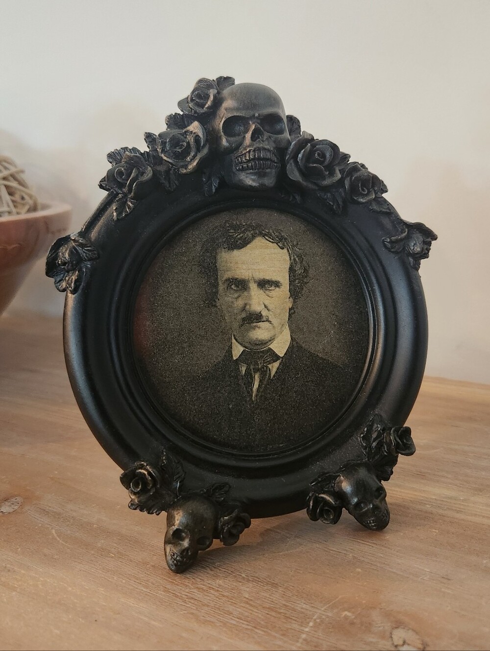 Rachel Zoe Gothic Skull Roses 4x4 Round Picture Frame Edgar Allan Poe Home Decor